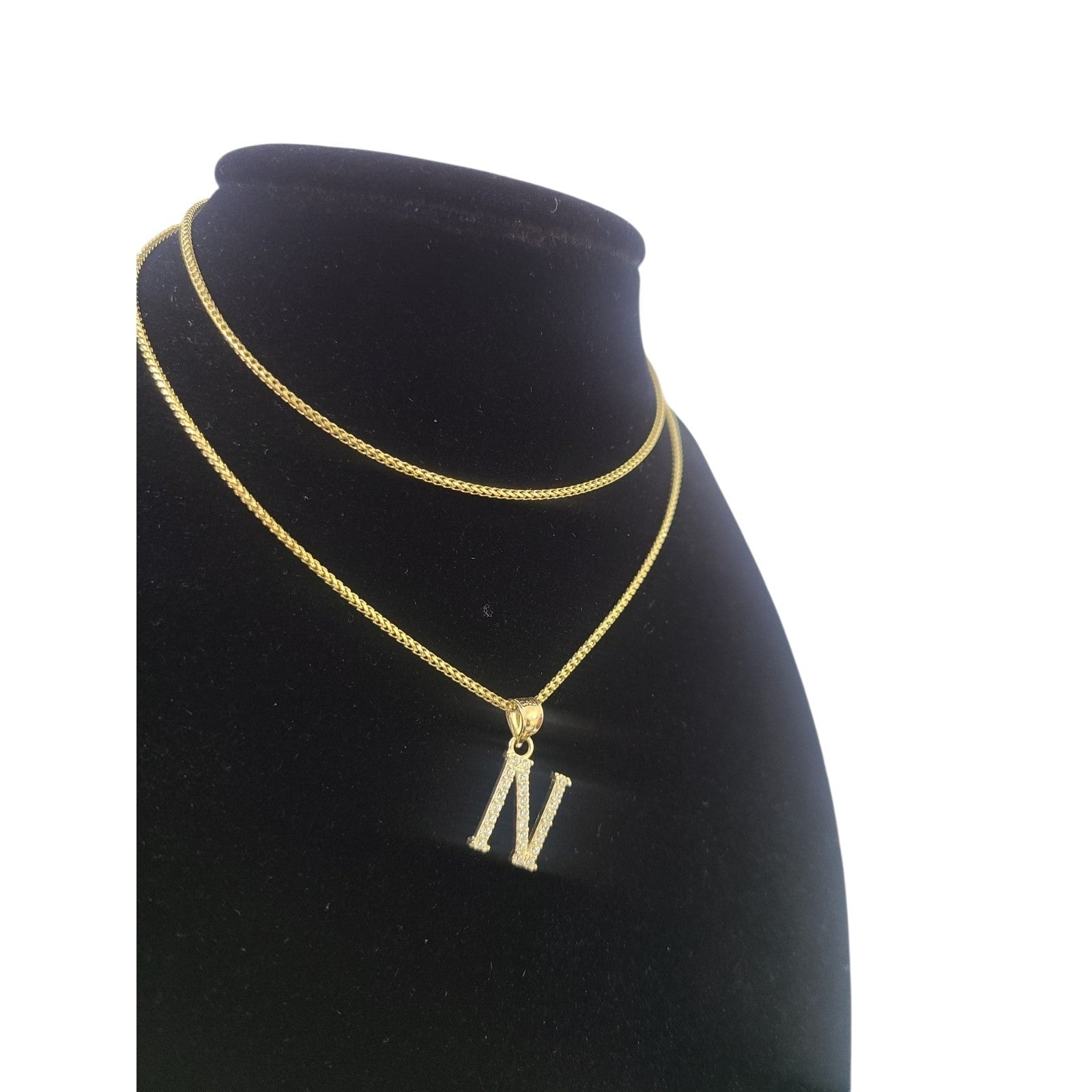 10K Gold Solid Franco Chain N Initial CZ Stone Pendant Set 1mm 16 18 20 22 Women