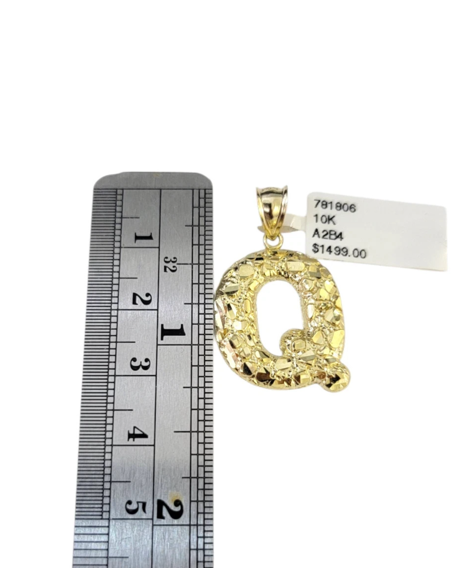 Real 10k Rope Chain Q Initial Charm 3mm 18"-28" Necklace Nugget Set Pendant Gold