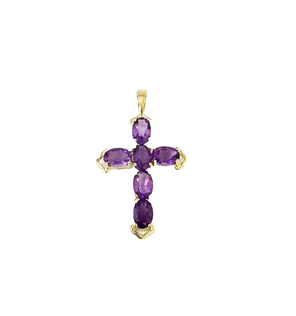 10K Yellow Gold 3mm Rope Chain Purple CZ Cross Pendant Necklace Set 18"-28"