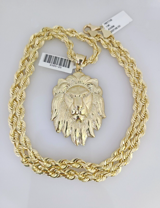 10kt Gold Solid Rope Chain Roaring Lion Charm Set 18"-30'' Inch 6mm Pendant