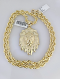 10kt Gold Solid Rope Chain Roaring Lion Charm Set 18"-30'' Inch 6mm Pendant