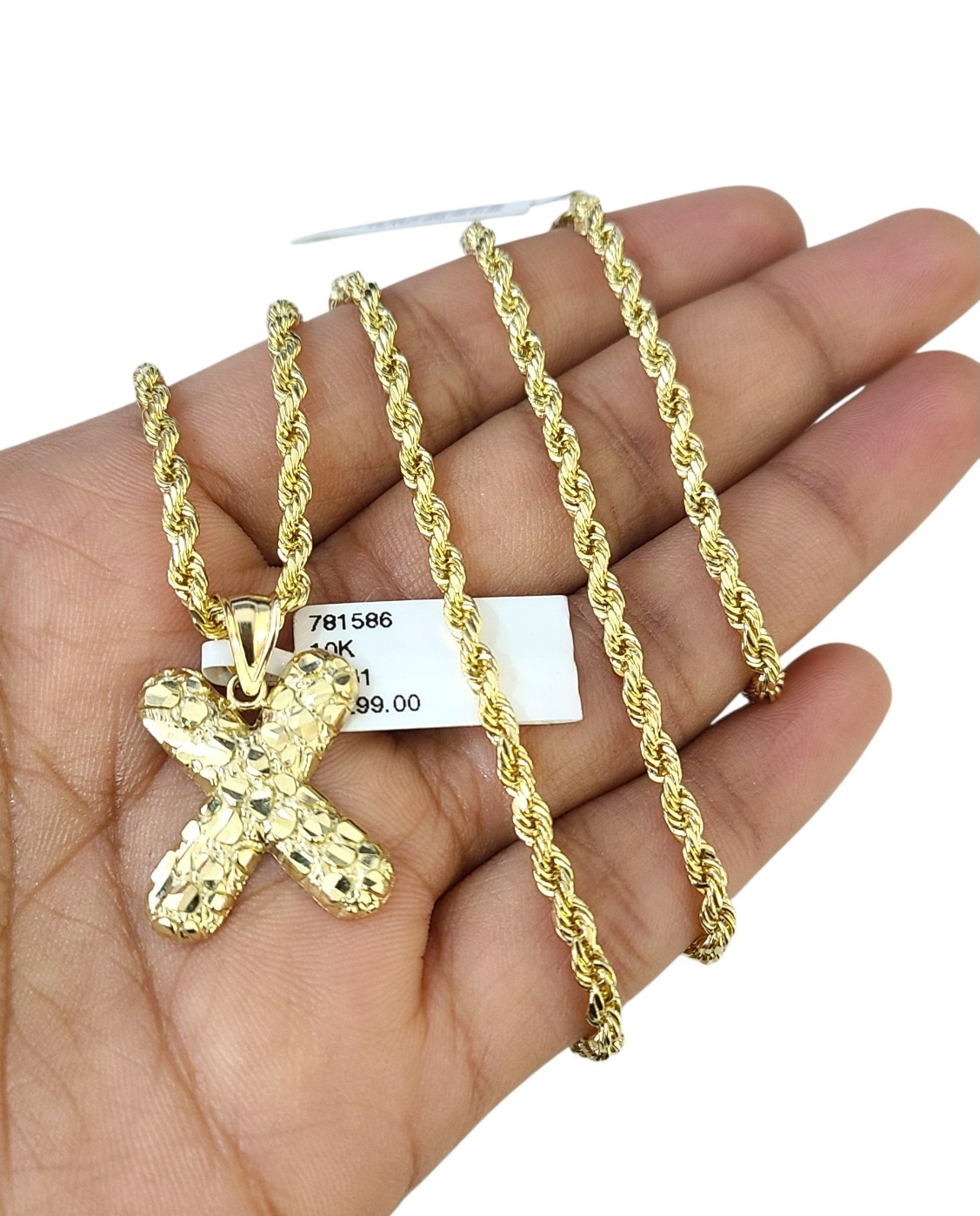 Real 10k Rope Chain X Nugget Initial Charm 3mm 18"-28" Necklace Set Pendant Gold