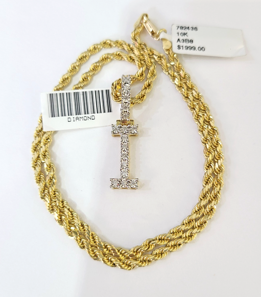 10k Rope Chain I Diamond Initial Charm Necklace Pendant Set 2mm 18"-24" Gold