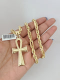 10k Gold Milano Rope Chain Ankh Cross Charm 6mm Set 20"-26'' Inches Necklace