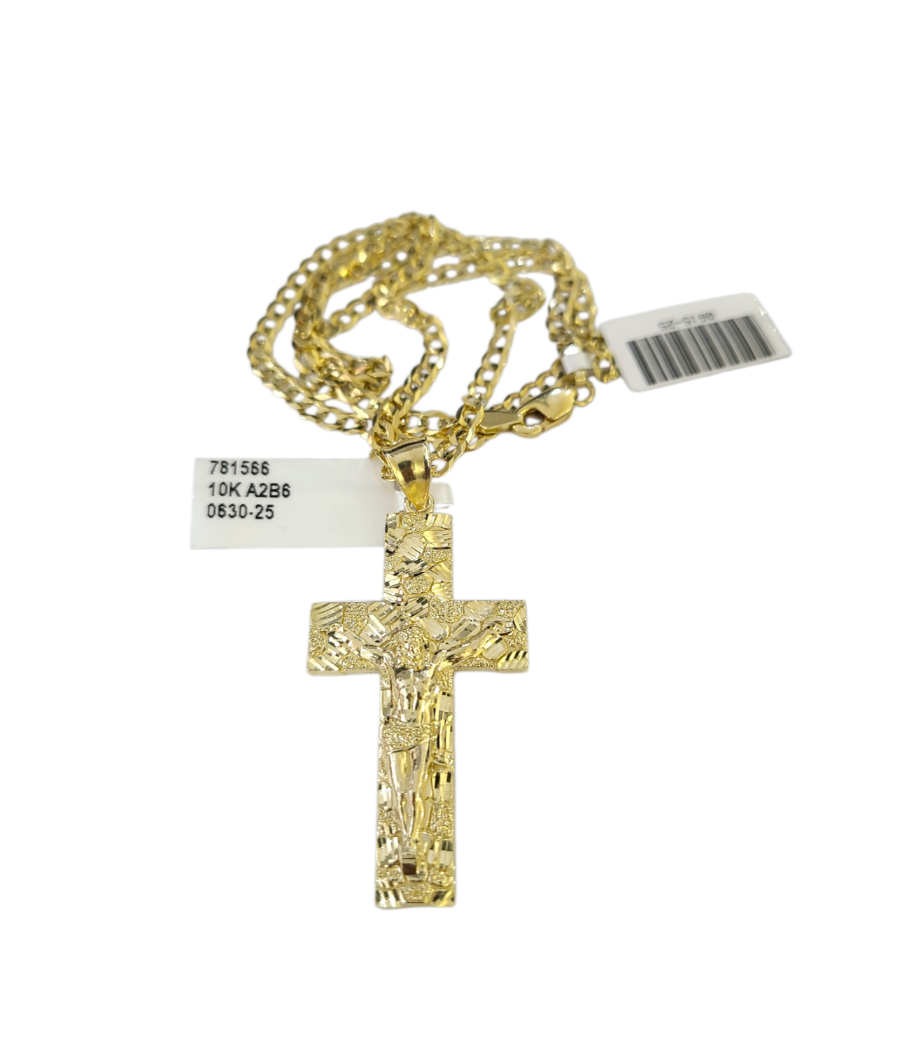 10k Gold Chain Cuban Curb 3mm Necklace Nugget Cross Charm Pendant Set 18"-28"