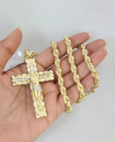 10kt Gold Solid Rope Chain Nugget Cross Charm Set 18"-30'' Inch 6mm Pendant