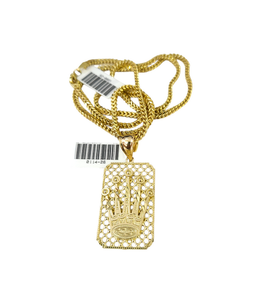 Real 10k Gold Franco Chain Crown Charm Pendant Necklace SET 2.5mm 18"-26"
