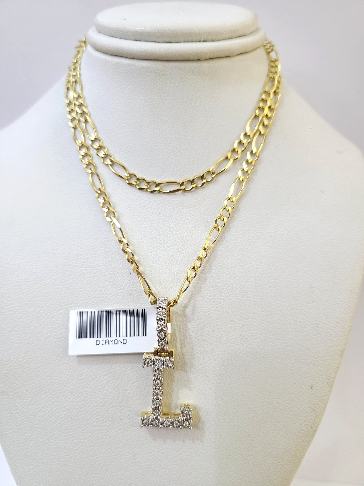 10k Gold Figaro Chain L Diamond Initial Pendant 3mm 20-28 inch SET Necklace