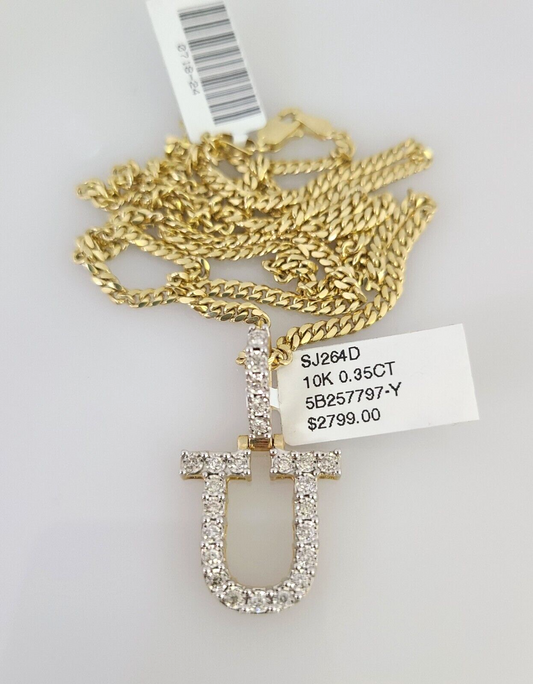10k Gold Solid Miami Cuban Chain U Initial Diamond Pendant 2.5mm 18"-24" Set