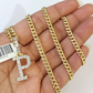 10K Gold Miami Cuban Chain P Diamond Initial 20"-28" 3mm Pendant Necklace SET