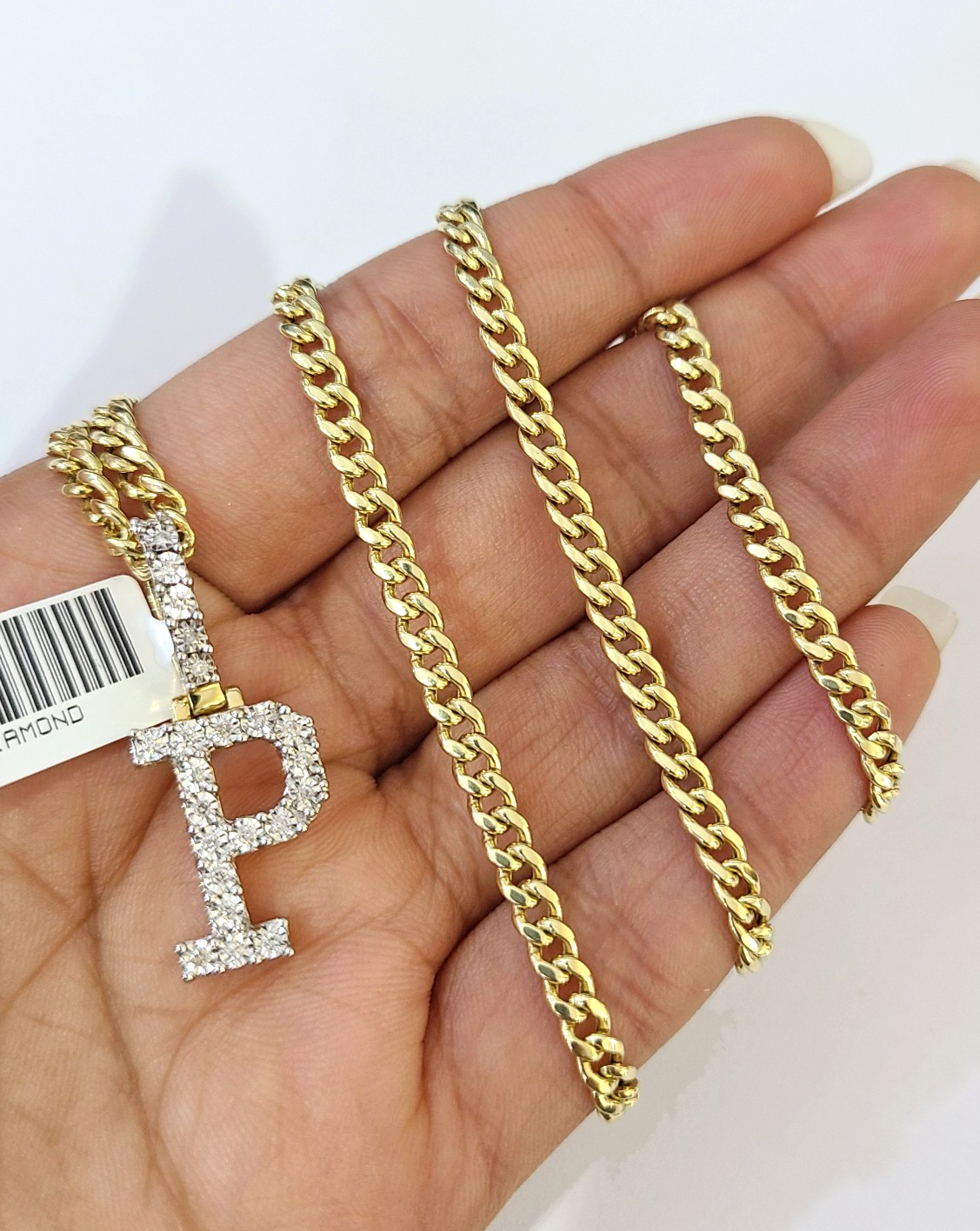 10K Gold Miami Cuban Chain P Diamond Initial 20"-28" 3mm Pendant Necklace SET