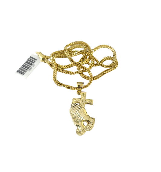 10k Gold Franco Chain Praying Hands Cross Pendant Necklace SET 2.5mm 18"-26"