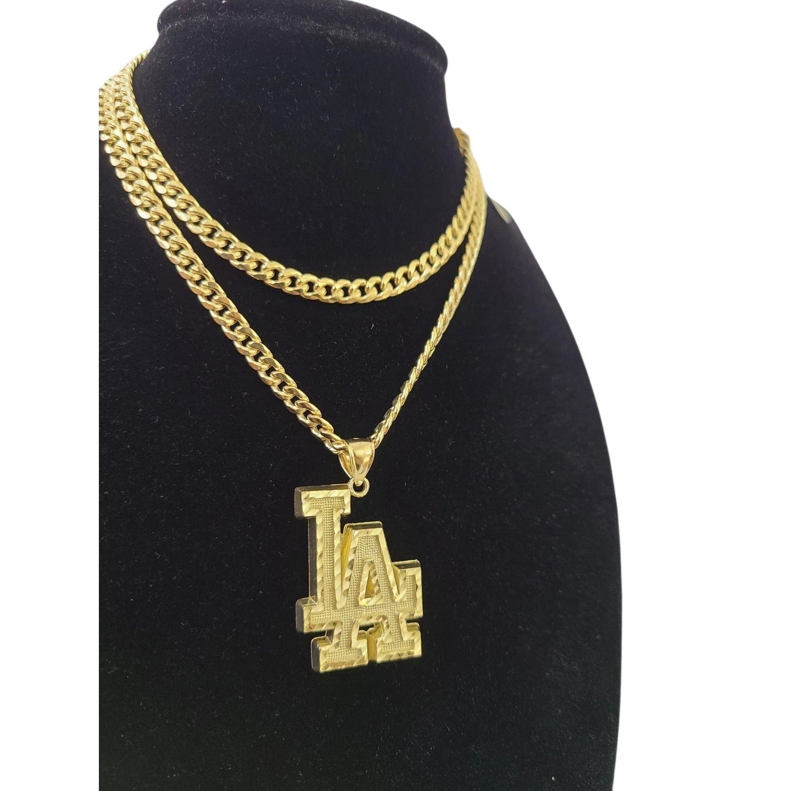 10K Yellow Gold Miami Cuban Link Chain Set Los Angeles Charm Pendant 4.5mm 18-28