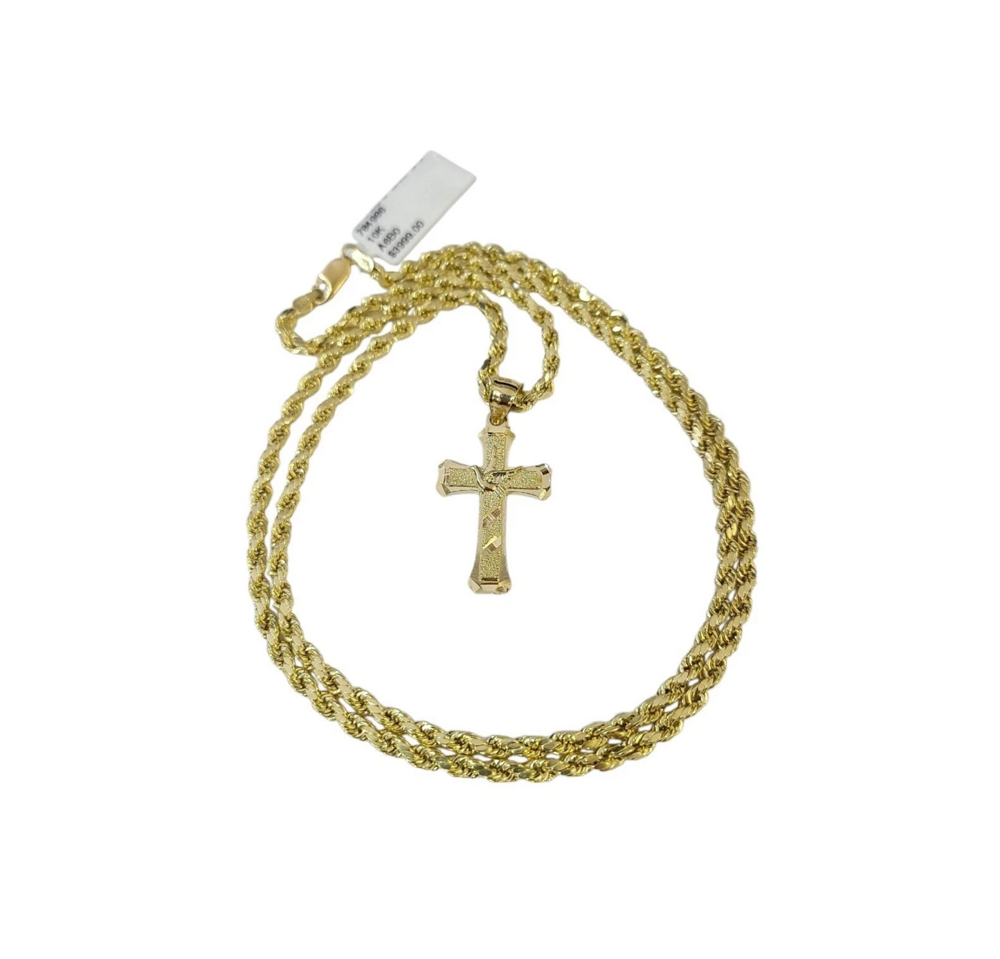 Real 10K Gold Rope Chain 3mm Religious Cross Charm Set Men Women 18"-28"