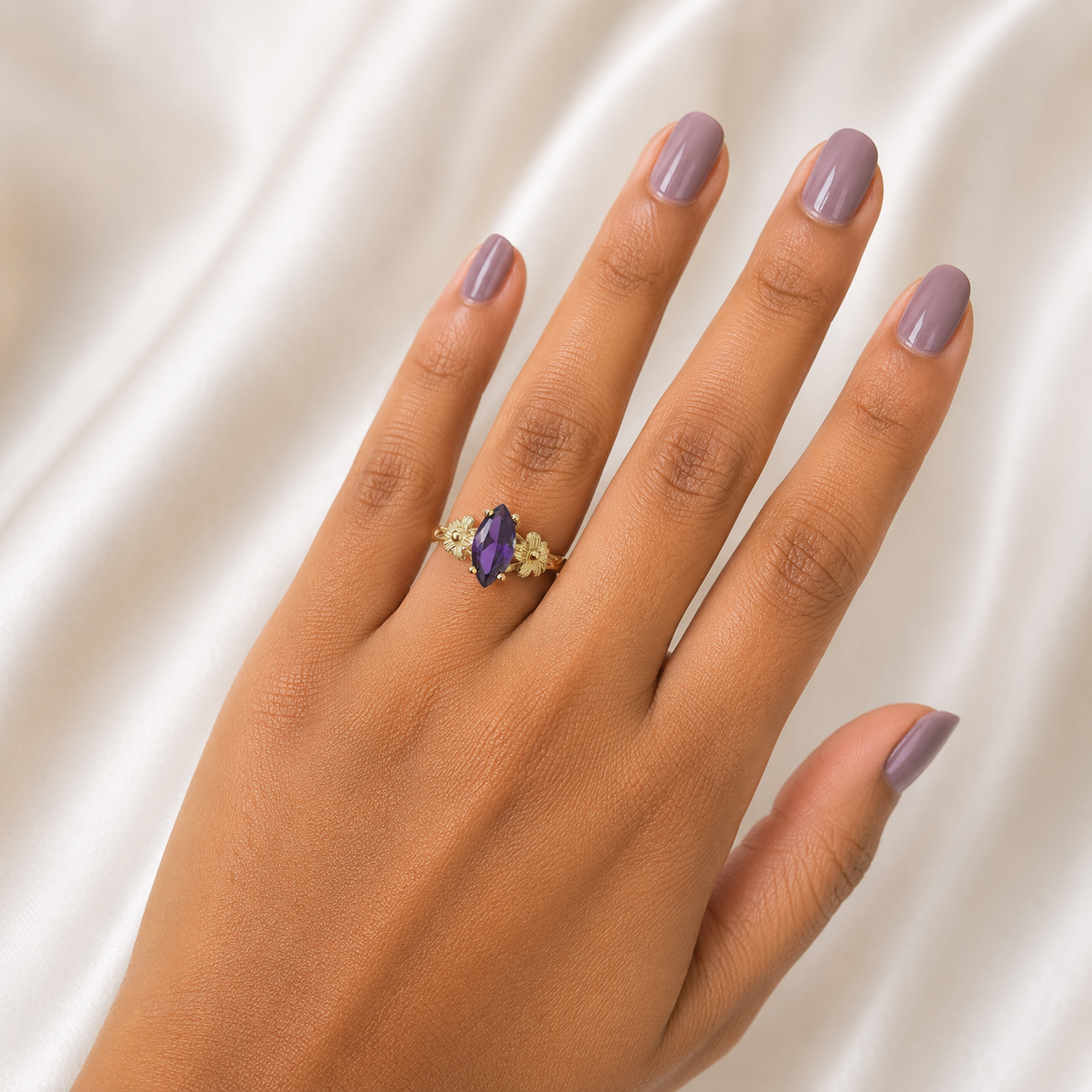 10k Gold Purple Marquise Ring CZ Flower Women Elegant Floral Statement
