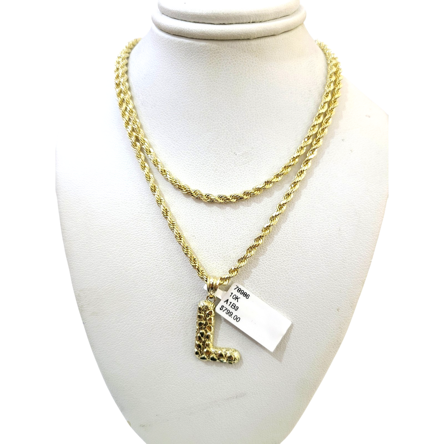 Real 10k Rope Chain Necklace 3mm 18"-28" Nugget L Initial Charm Set Pendant Gold