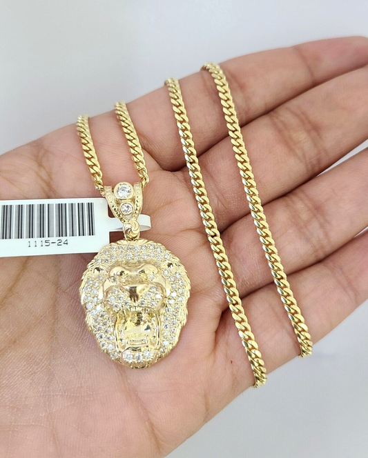 10k Gold Solid Miami Cuban Necklace Roaring Lion Pendant 2.5mm 18"-24" Chain Set
