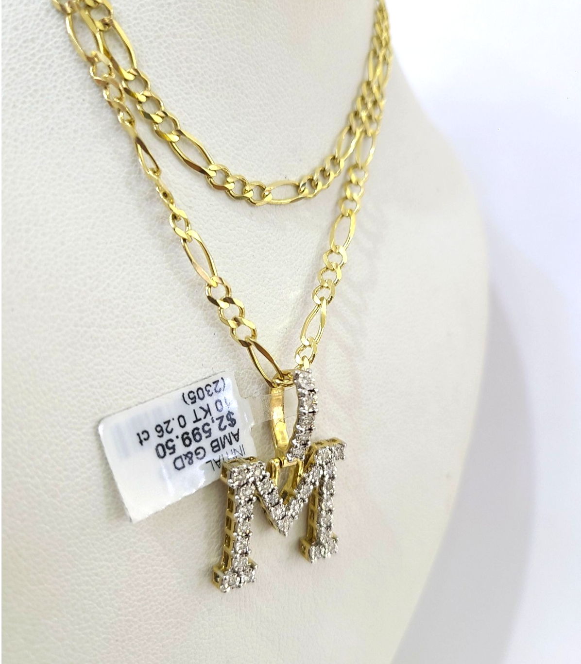 10k Gold Figaro Chain M Diamond Initial Pendant 3mm 20-28 inch SET Necklace