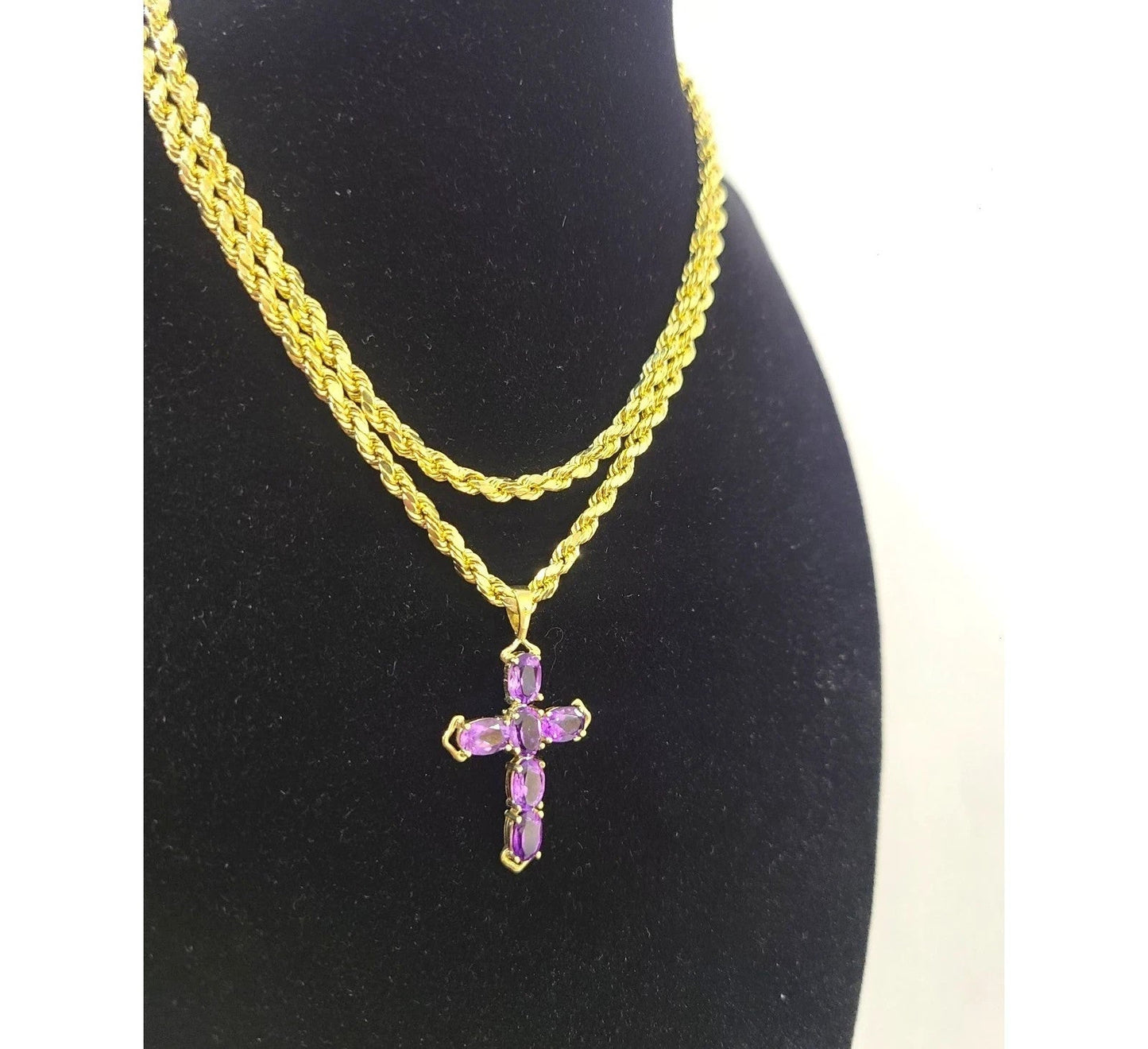 10K Yellow Gold 3mm Rope Chain Purple CZ Cross Pendant Necklace Set 18"-28"