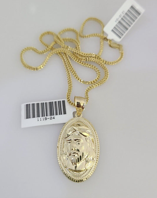 10k Gold Franco Chain Jesus Head Charm Pendant 2mm 18-24 Inches Necklace SET