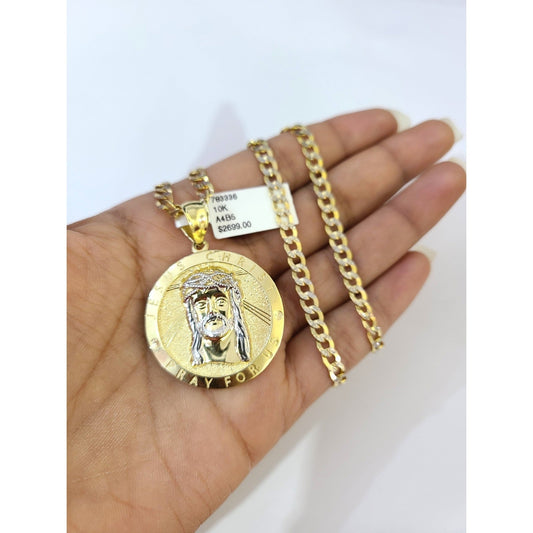 10k Gold Chain Necklace Jesus Christ Charm Pendant Set Cuban Curb 4mm 20"-30"