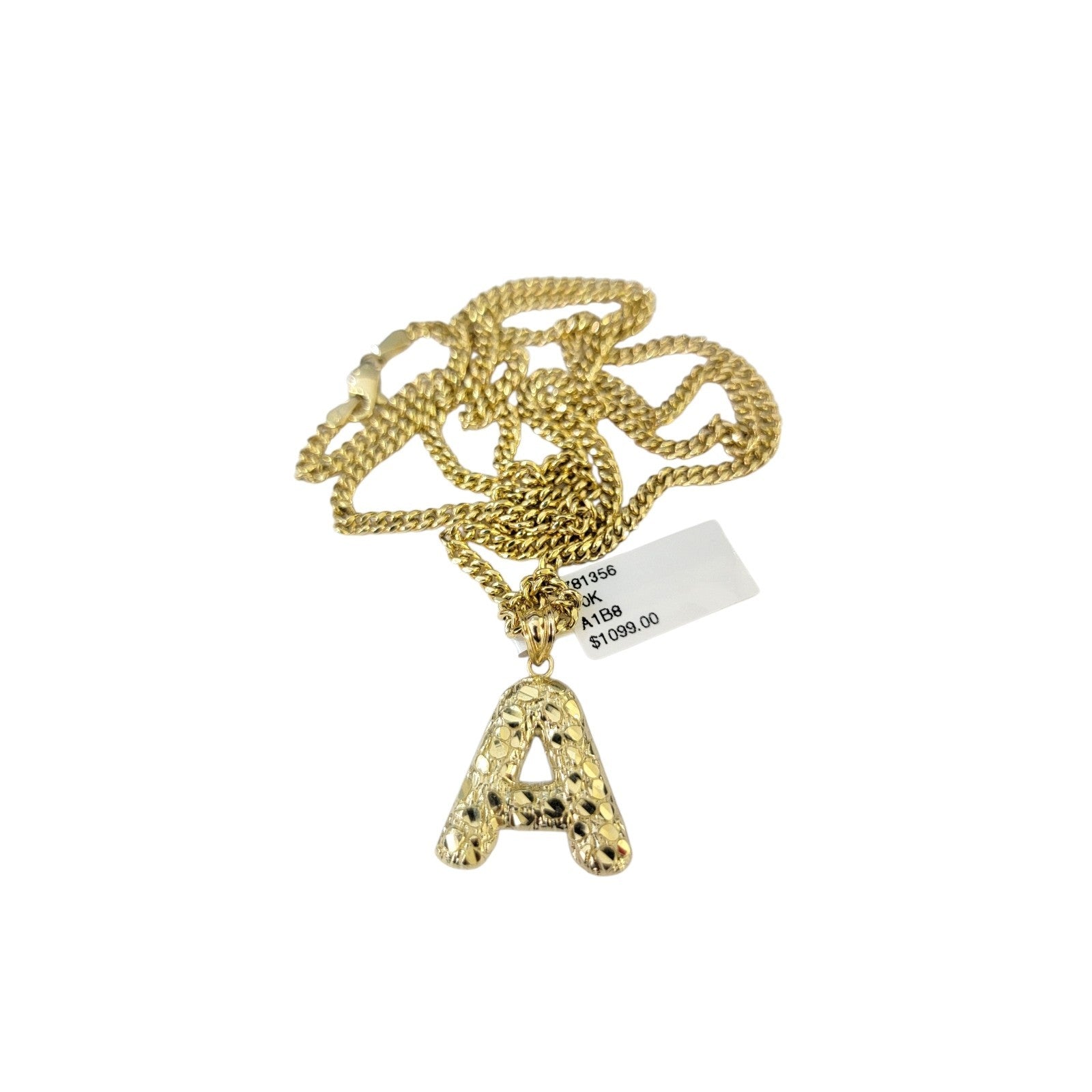 Real Gold 10k Chain Pendant SET A Initial Charm Miami Cuban Link Necklace 2.5mm