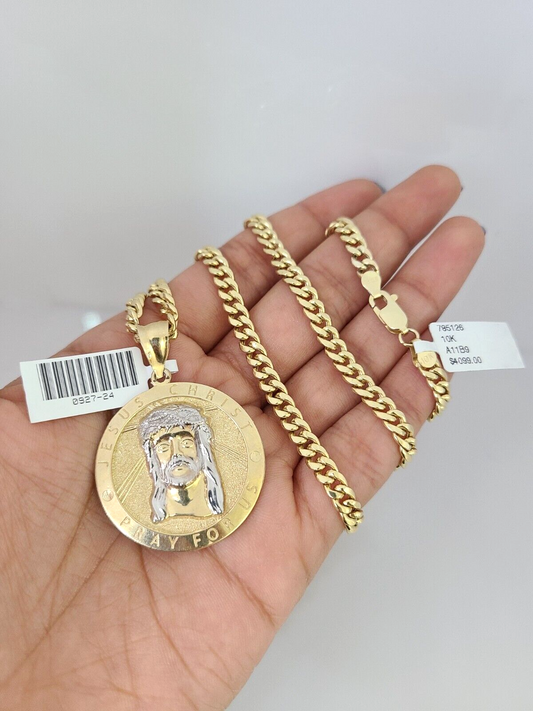 10kt Gold Miami Cuban Chain Jesus Christ Charm Pendant 5mm 18-28 Inch Necklace