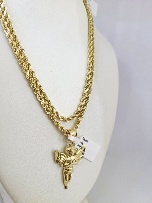 10k Solid Rope Chain Praying Angel Charm Pendant 3mm Set 18"-26" in Necklace
