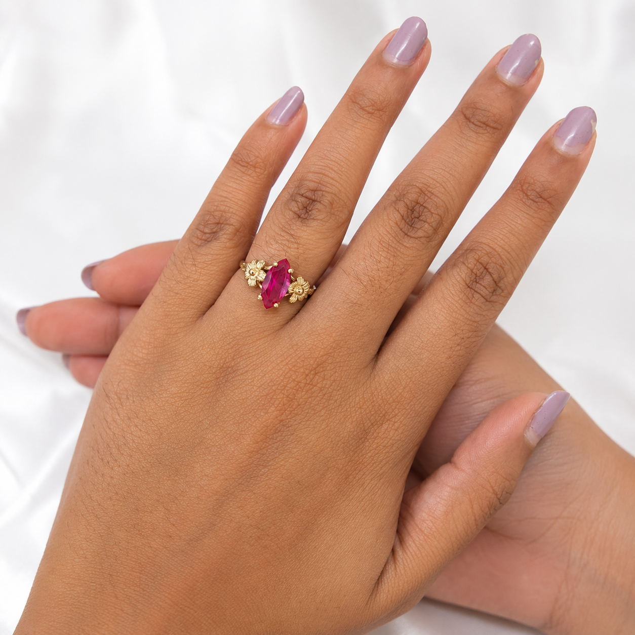 10k Gold Pink Marquise CZ Flower Ring Delicate Floral Ladies Statement