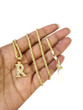 10k 2.5mm Rope Chain R Initial Alphabet Pendant 16"-28" Gold Set Charm Necklace