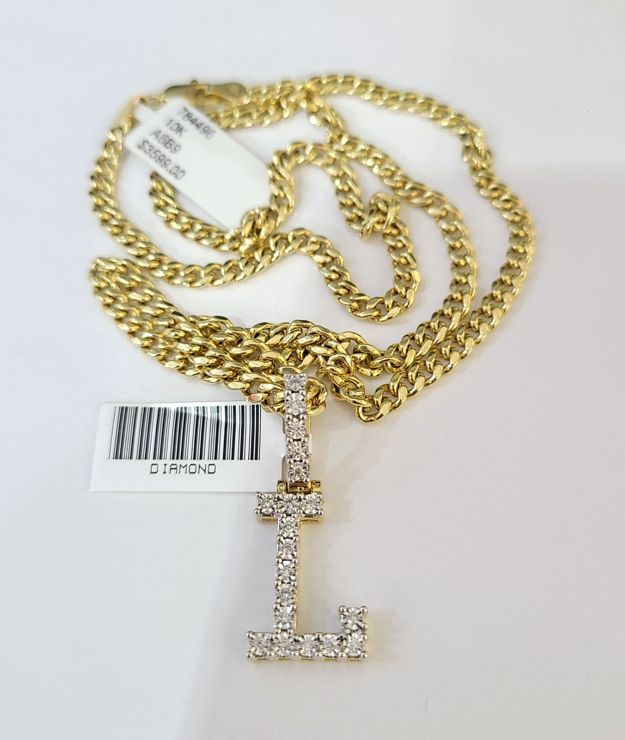 10K Gold Miami Cuban Chain L Diamond Initial 20"-28" 3mm Pendant Necklace SET