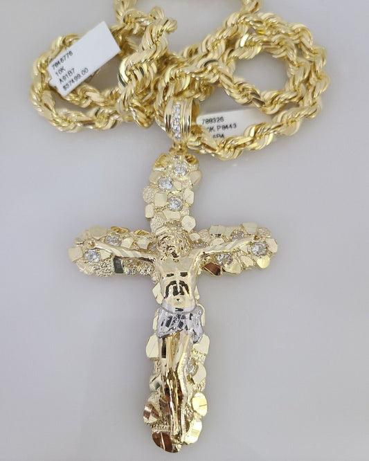 10kt Gold Solid Rope Chain Nugget Cross Charm Set 18"-30'' Inch 7mm Pendant