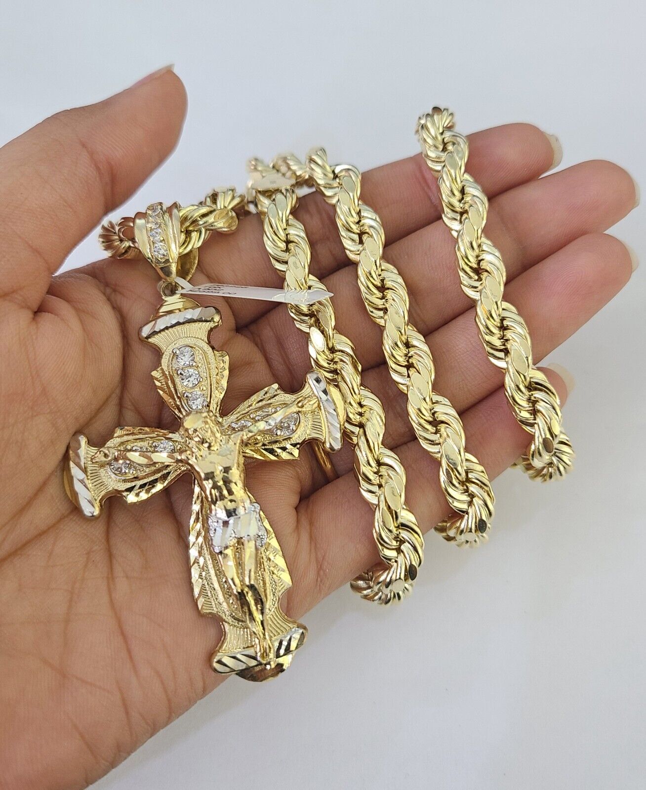 10k Gold Rope Chain & Cross Charm Pendant Mens 10kt Yellow Gold 8mm 26" Necklace