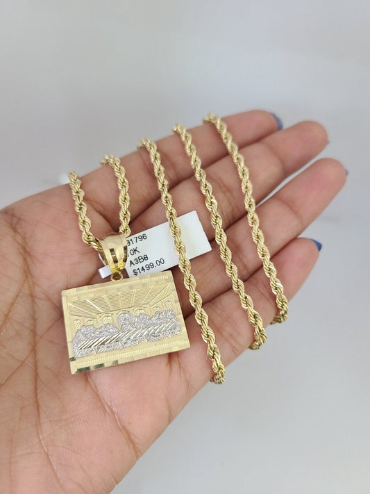 REAL 10k Solid Rope Chain Last Supper Charm Pendant 3mm Necklace Set 18"-26" in