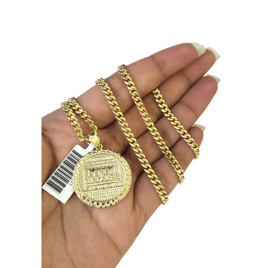 10K Gold Miami Cuban Chain Nugget Last Supper 20"-28" 3mm Pendant Necklace SET