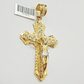 14k Yellow Gold Cross Charm Pendant Jesus Crucifix 3" With Stone Mens REAL 14kt
