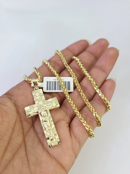 10k Palm Chain Nugget Cross Charm Pendant 3mm Set 18"-26" in Necklace