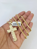 10k Palm Chain Nugget Cross Charm Pendant 3mm Set 18"-26" in Necklace