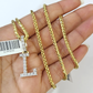 REAL 10k Yellow Gold Palm Chain L Diamond Initial Pendant Charm 3mm SET Necklace
