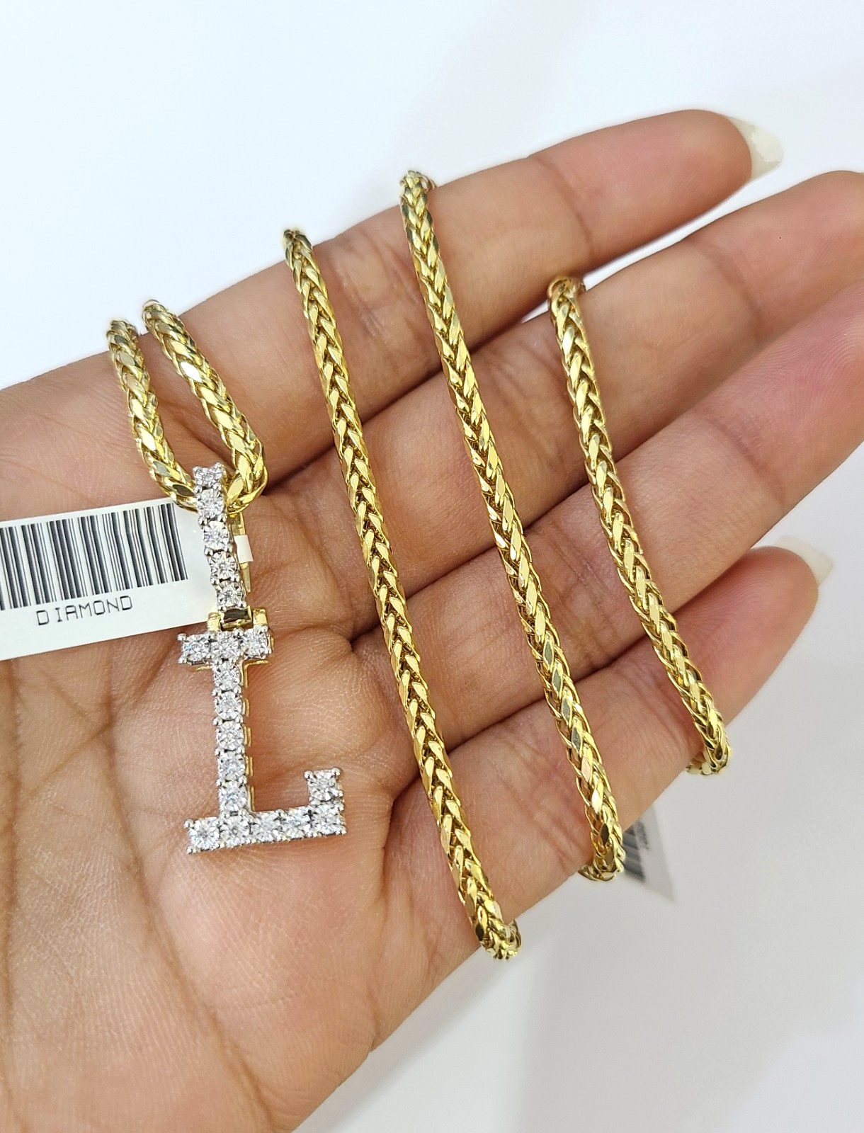 REAL 10k Yellow Gold Palm Chain L Diamond Initial Pendant Charm 3mm SET Necklace