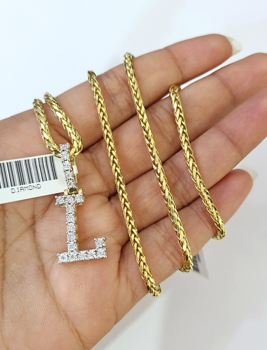 REAL 10k Yellow Gold Palm Chain L Diamond Initial Pendant Charm 3mm SET Necklace