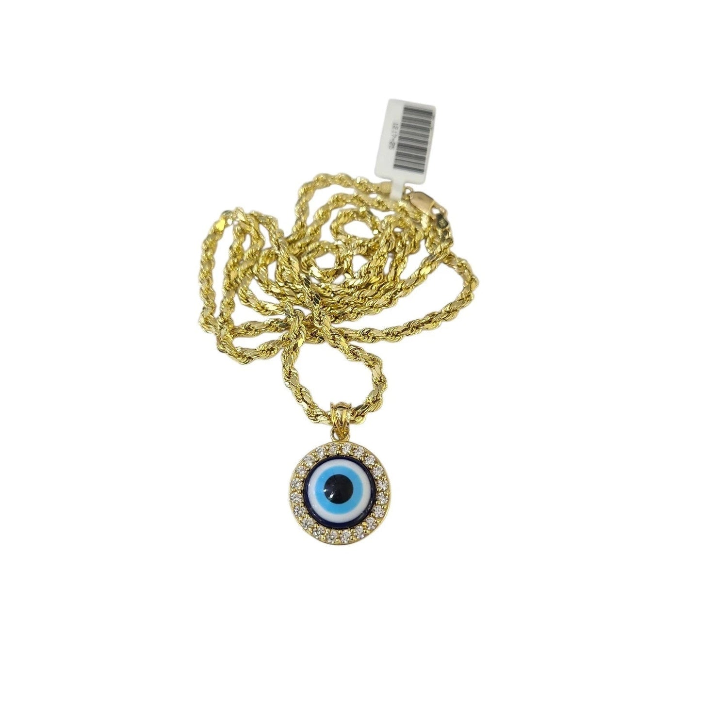 Real 10K Gold Rope Chain 3mm Evil Eye Charm Pendant Set Mens Womens 18"-28"