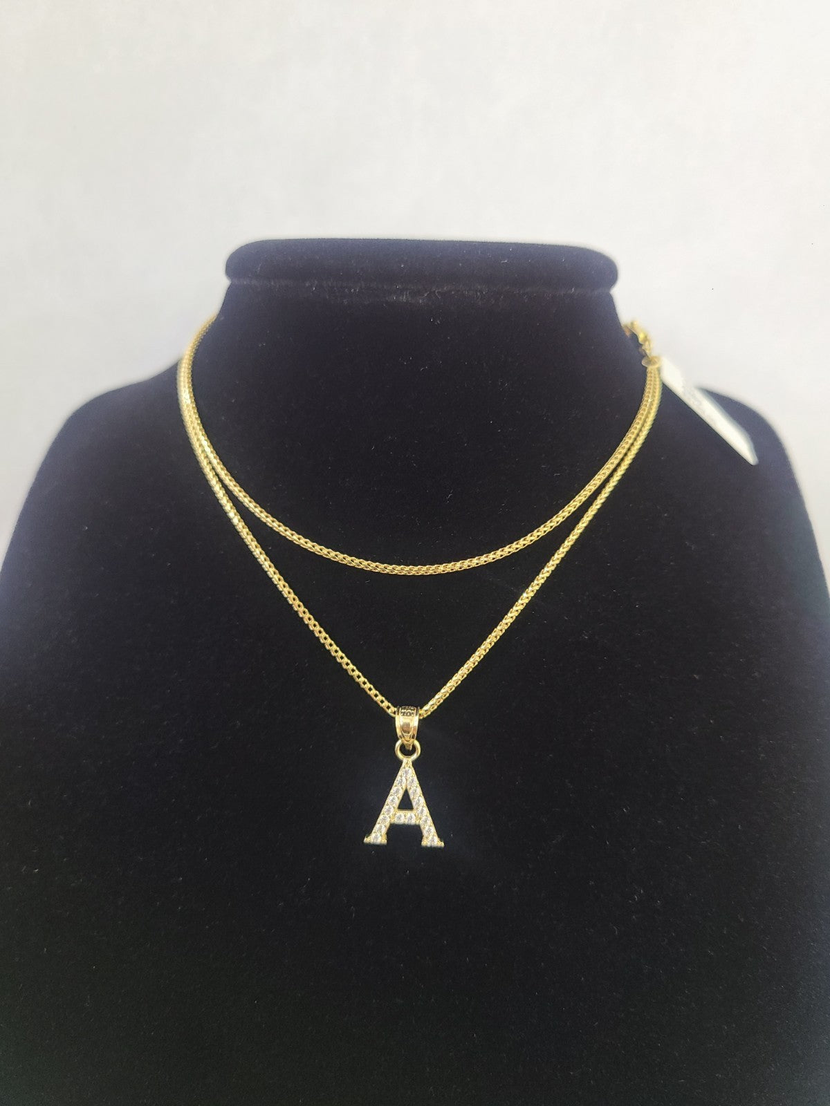 10K Gold Solid Franco Chain A Initial CZ Stone Pendant Set 1mm 16 18 20 22 Women