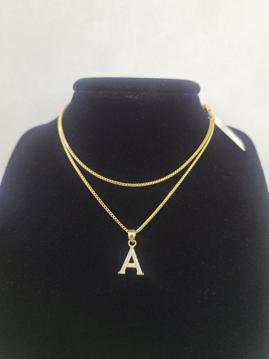 10K Gold Solid Franco Chain A Initial CZ Stone Pendant Set 1mm 16 18 20 22 Women