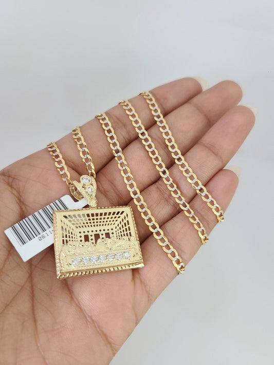 10k Gold Solid Cuban Curb Chain Last Supper Pendant Set 3mm 18"-26" Necklace