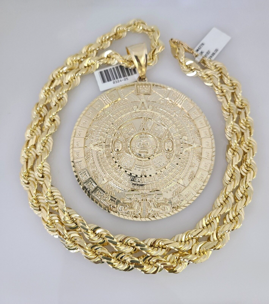 10kt Gold Solid Rope Chain Mayan Calendar Charm Set 18"-30'' Inch 7mm Pendant
