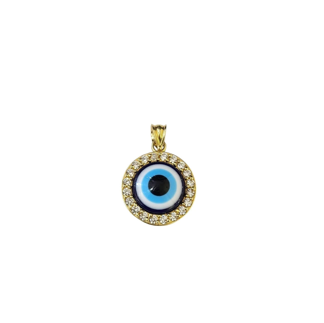 10K Yellow Gold Evil Eye Pendant Blue Nazar CZ Halo Round Charm Protection