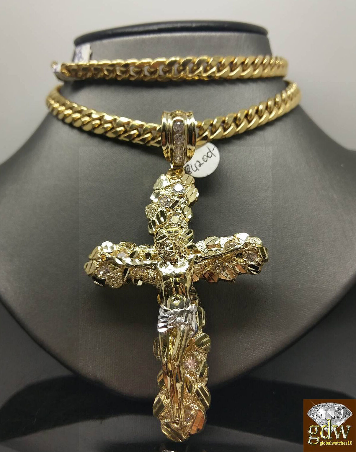 Real 10k Yellow Gold Free Shape Nugget Cross With 26 Inches Miami Cuban Chain