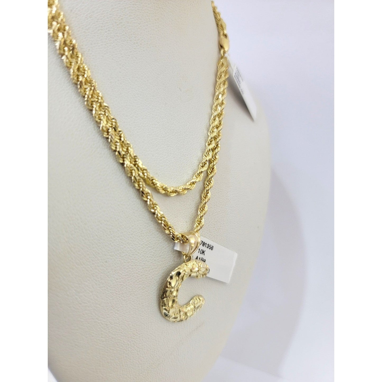 Real 10k Rope Chain Necklace Set 3mm 18"-28" Nugget C Initial Charm Pendant Gold