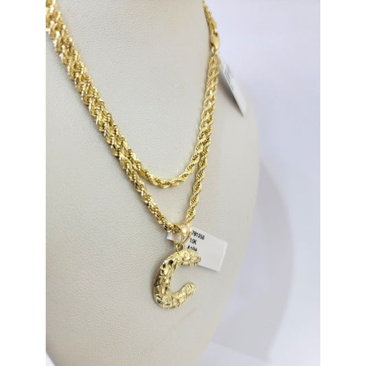 Real 10k Rope Chain Necklace Set 3mm 18"-28" Nugget C Initial Charm Pendant Gold